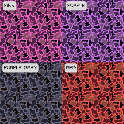 Four color swatches labeled Pink, Purple, Purple Grey, and Red with a patterned design.