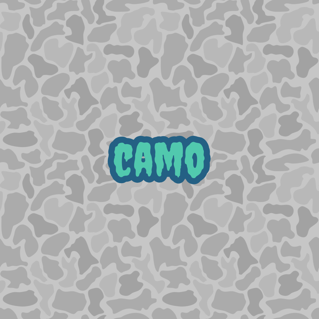 Camo pattern with the word 'Camo' in blue text on a gray camouflage background