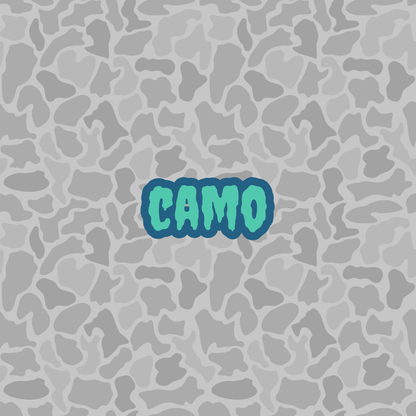 Camo pattern with the word 'Camo' in blue text on a gray camouflage background