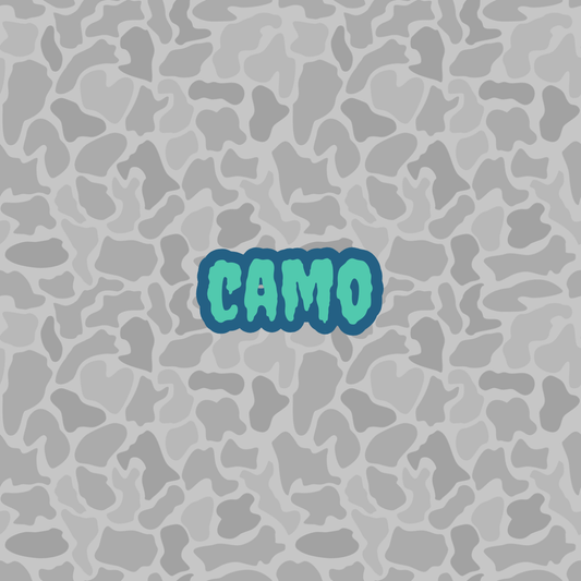 Camo pattern with the word 'Camo' in blue text on a gray camouflage background