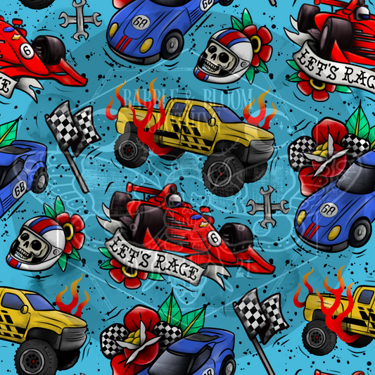 A repeating tattoo-style graphic pattern on a bright blue background featuring race cars, checkered flags, skulls with helmets, roses, flames, wrenches, and banners reading “LET’S RACE.”.
