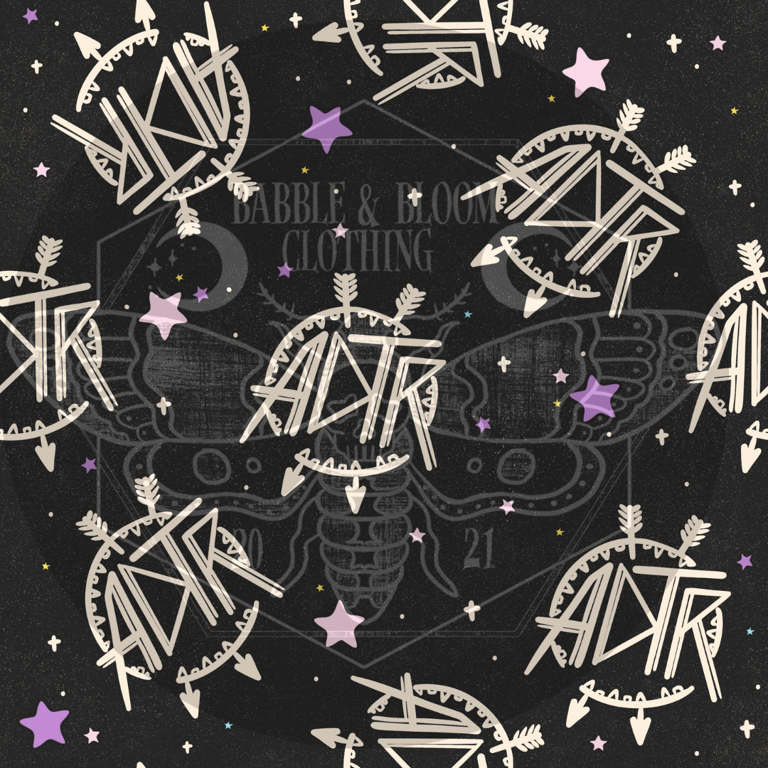 A repeating gothic-style pattern featuring the word 'AIDR' in stylized lettering, surrounded by arrows, stars, and ornate circular motifs on a dark charcoal background.