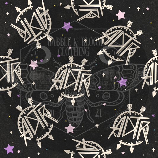 A repeating gothic-style pattern featuring the word 'AIDR' in stylized lettering, surrounded by arrows, stars, and ornate circular motifs on a dark charcoal background.