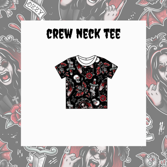 Crew neck tee with black and red graphic design on a white background
