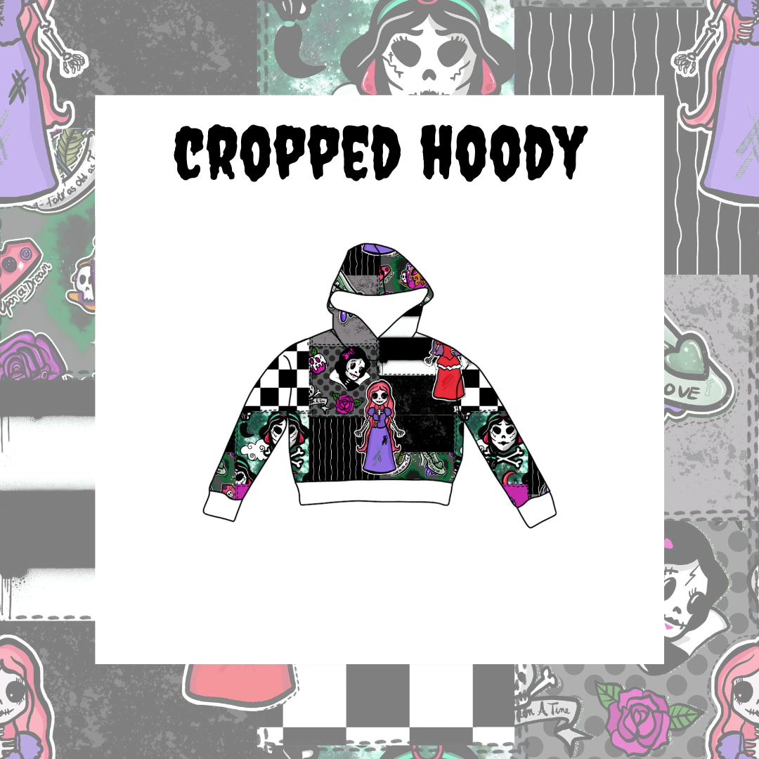 Cropped hoodie with colorful design on a patterned background