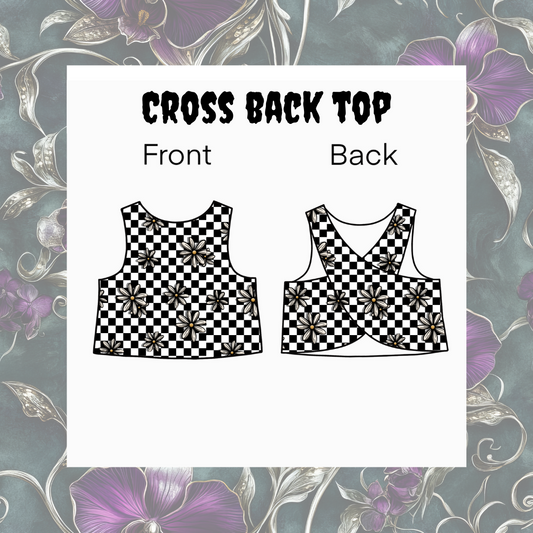 Checkered cross back top design on a decorative floral background