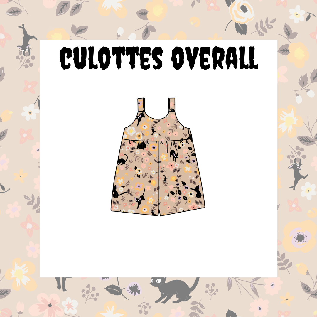 A floral overall for kids, with short sleeves and a sack-style waistband, displayed against a background with a similar floral pattern.