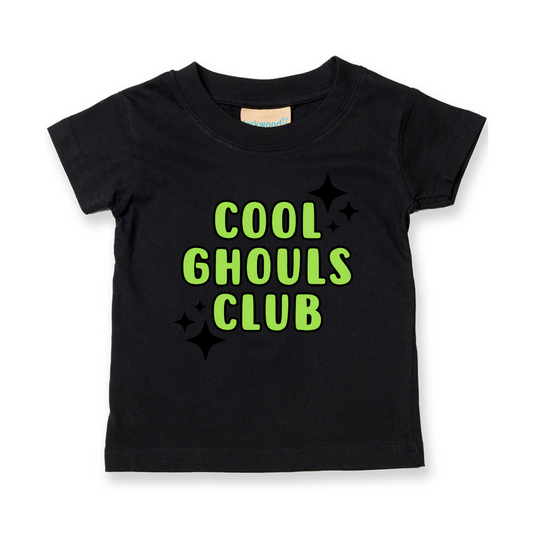 Black t-shirt with 'Cool Ghouls Club' text in green on a white background