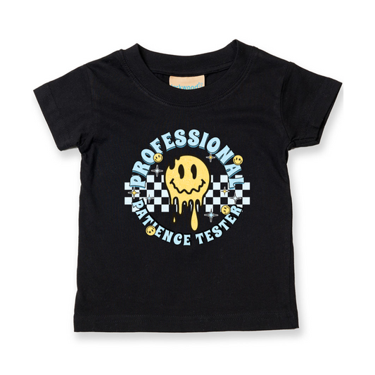 Black t-shirt with a graphic design on a white background