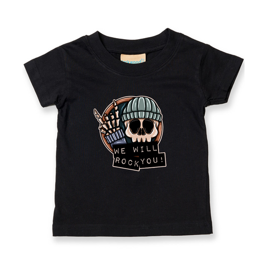 Black t-shirt with a skull and guitar design and 'We Will Rock You!' text on a white background