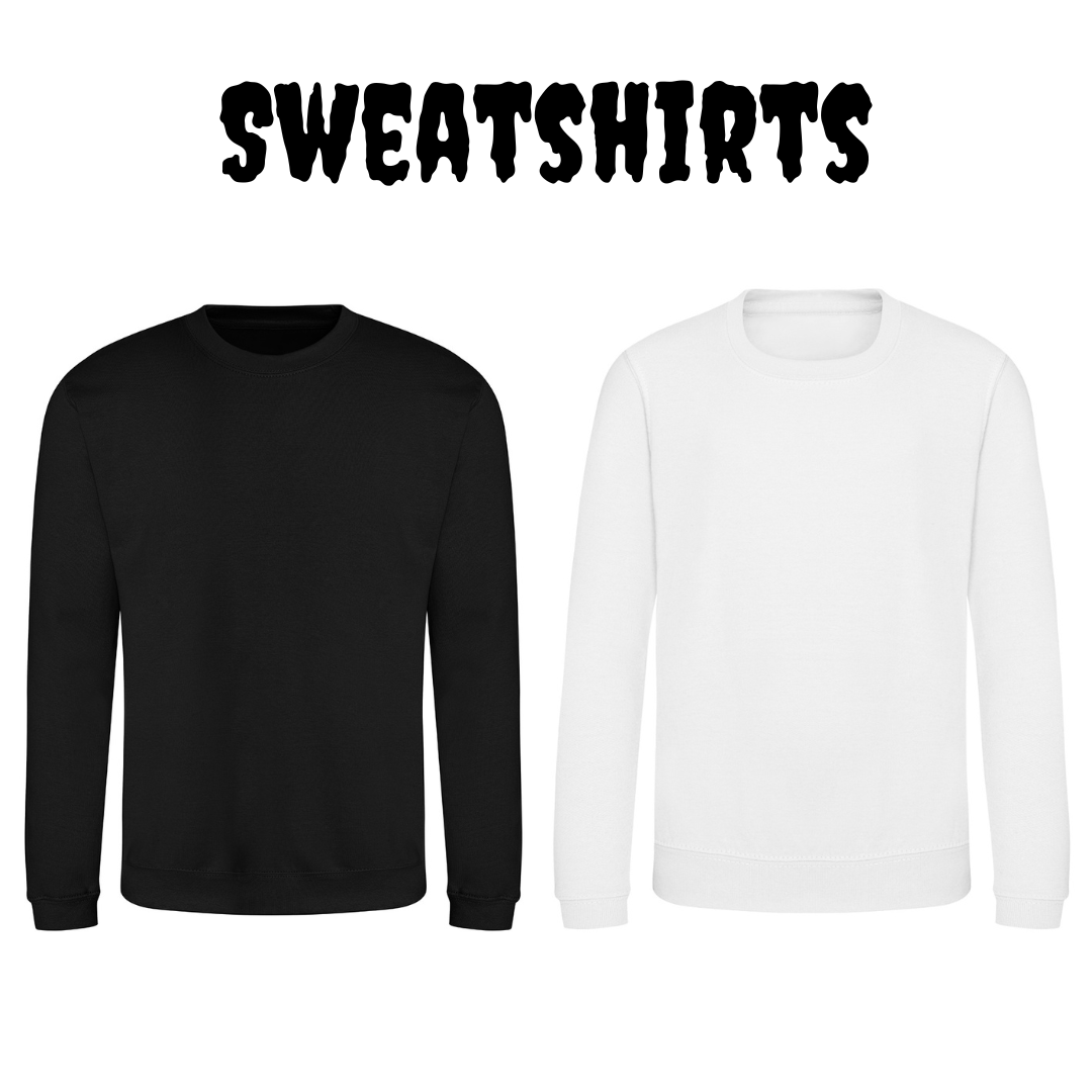 Black and white sweatshirts with 'SWEATSHIRTS' text above on a white background