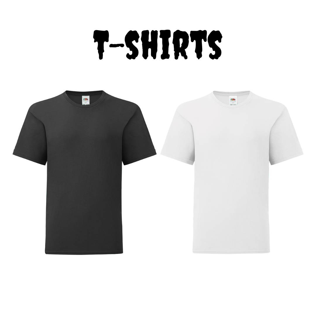 Black and white t-shirts with 'T-SHIRTS' text above on a white background