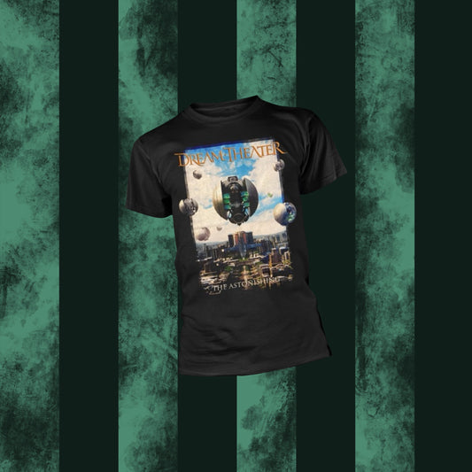 A black crew neck t-shirt with a graphic print of a cityscape and text that includes the name 'Dream Theater'.