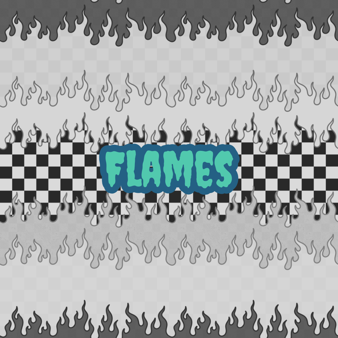 Checkered flag with 'FLAMES' text on a flame pattern background