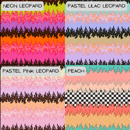 Four different leopard print patterns labeled 'Neon Leopard', 'Pastel Lilac Leopard', 'Pastel Pink Leopard', and 'Peach'.