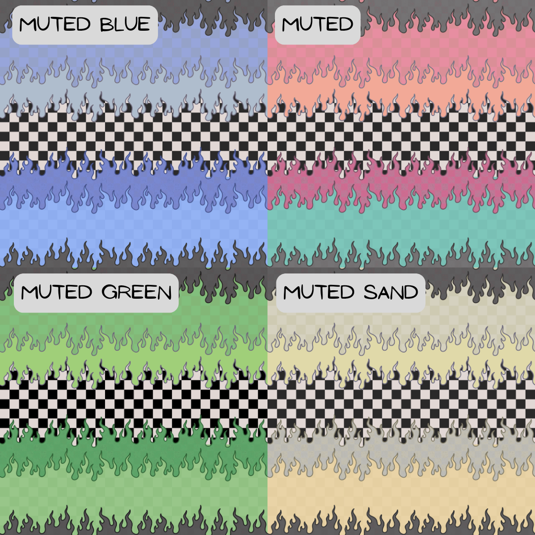 Color swatches labeled 'Muted Blue', 'Muted Green', 'Muted Sand', and 'Muted Pink' with flame and checkered patterns.
