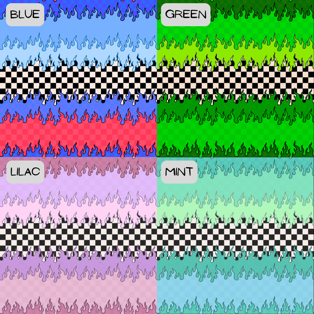 Color swatches with flame and checkered patterns in blue, green, lilac, and mint.