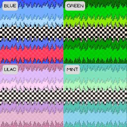 Color swatches with flame and checkered patterns in blue, green, lilac, and mint.