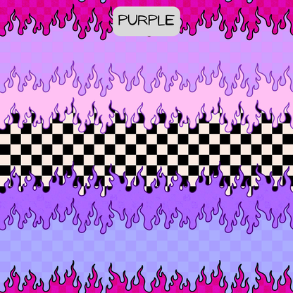 Checkered pattern with flames on a purple gradient background