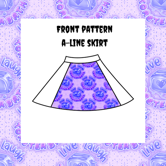 Illustration of a front pattern of an A-line skirt with a purple floral design on a white background, surrounded by a decorative border with a heart pattern.
