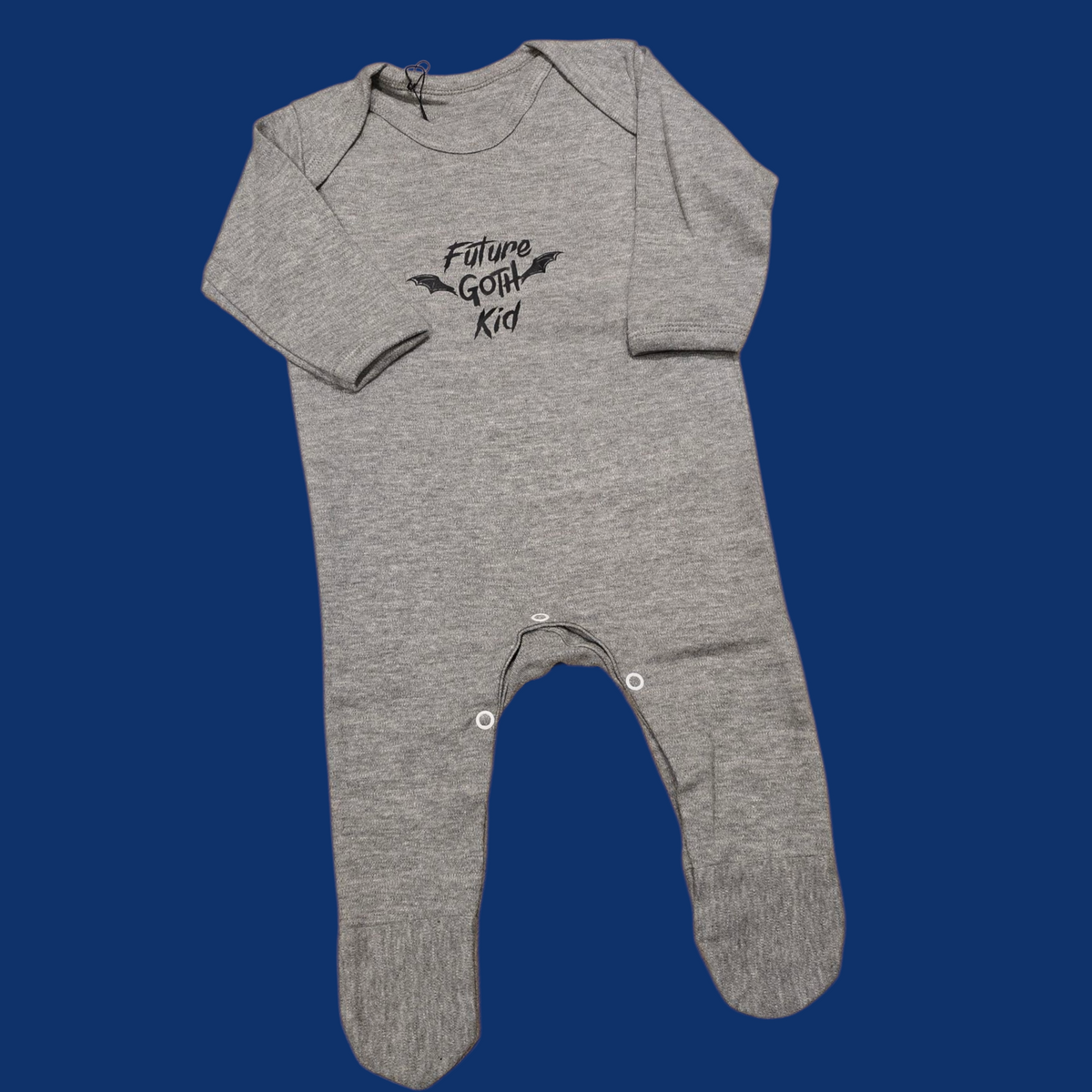 Gray baby onesie with 'Future Goth Kid' text on a blue background