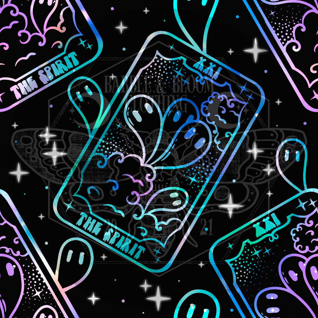 An ombre tarot card repeating design with three ghosts. Tarot card reads "The Spirit"