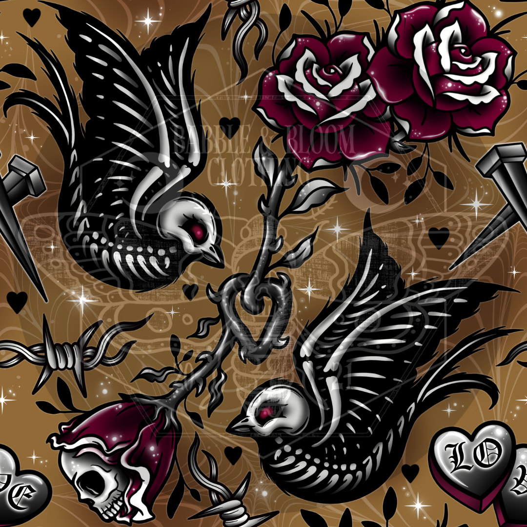 Gothic tattoo-style illustration featuring two black-and-white birds, dark red roses, hearts, nails, and a skull on a brown background.