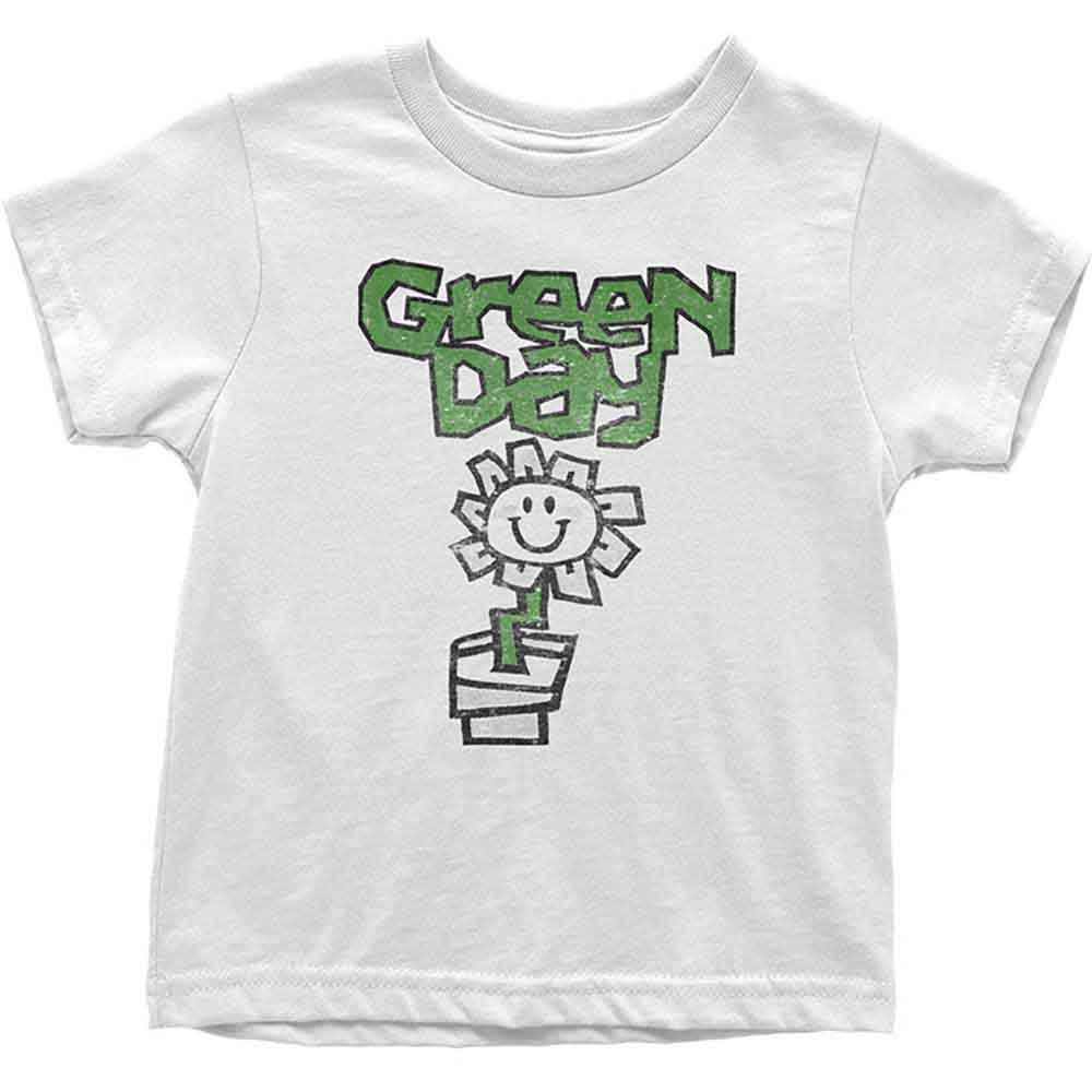 A white kids' t-shirt with 'Green Day' text and a flower pot design in green and black.