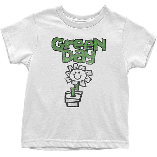 A white kids' t-shirt with 'Green Day' text and a flower pot design in green and black.