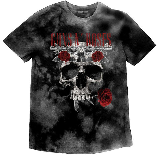 Kids' black t-shirt with 'GUNS N ROSES' text and a skull with flowers design on the front.