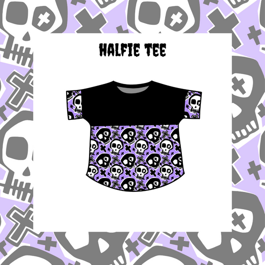 A mock up of the print bottom & sleeves plain top halfie tee