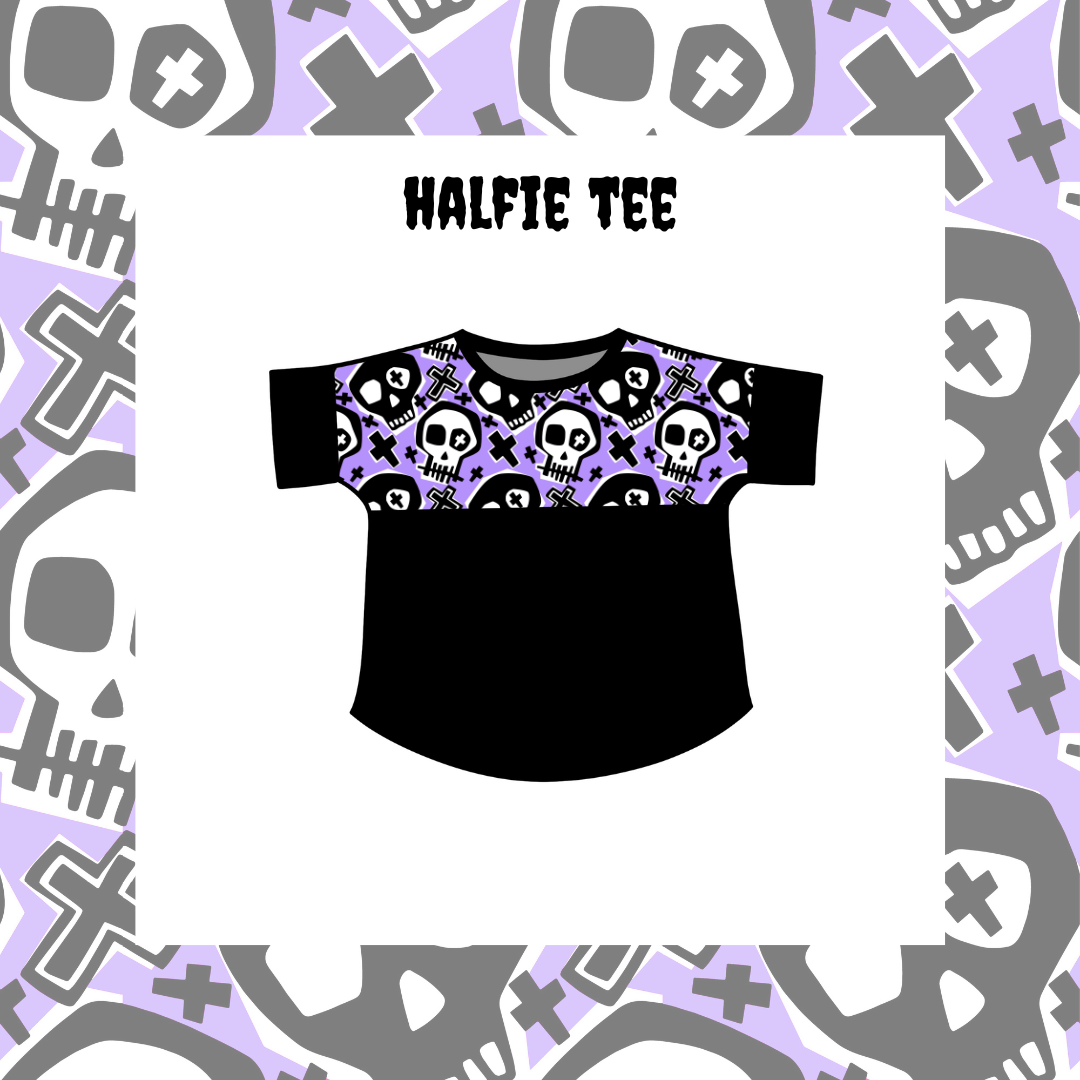 A mock up of the print top & plain/bottom sleeves halfie tee