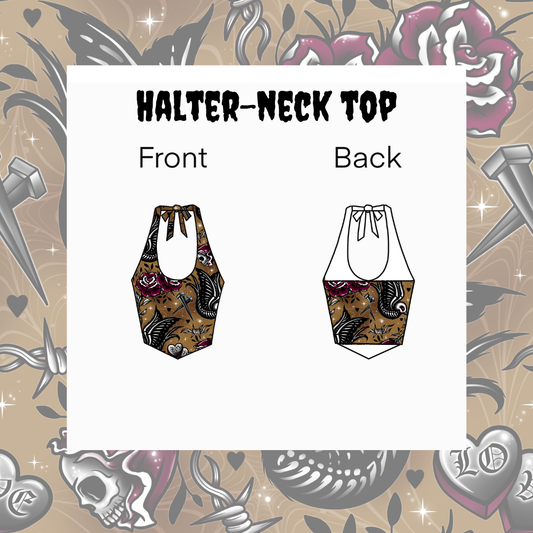 A product diagram showing a halter-neck top with front and back views. The top features a brown, black, and red tattoo-style floral pattern.