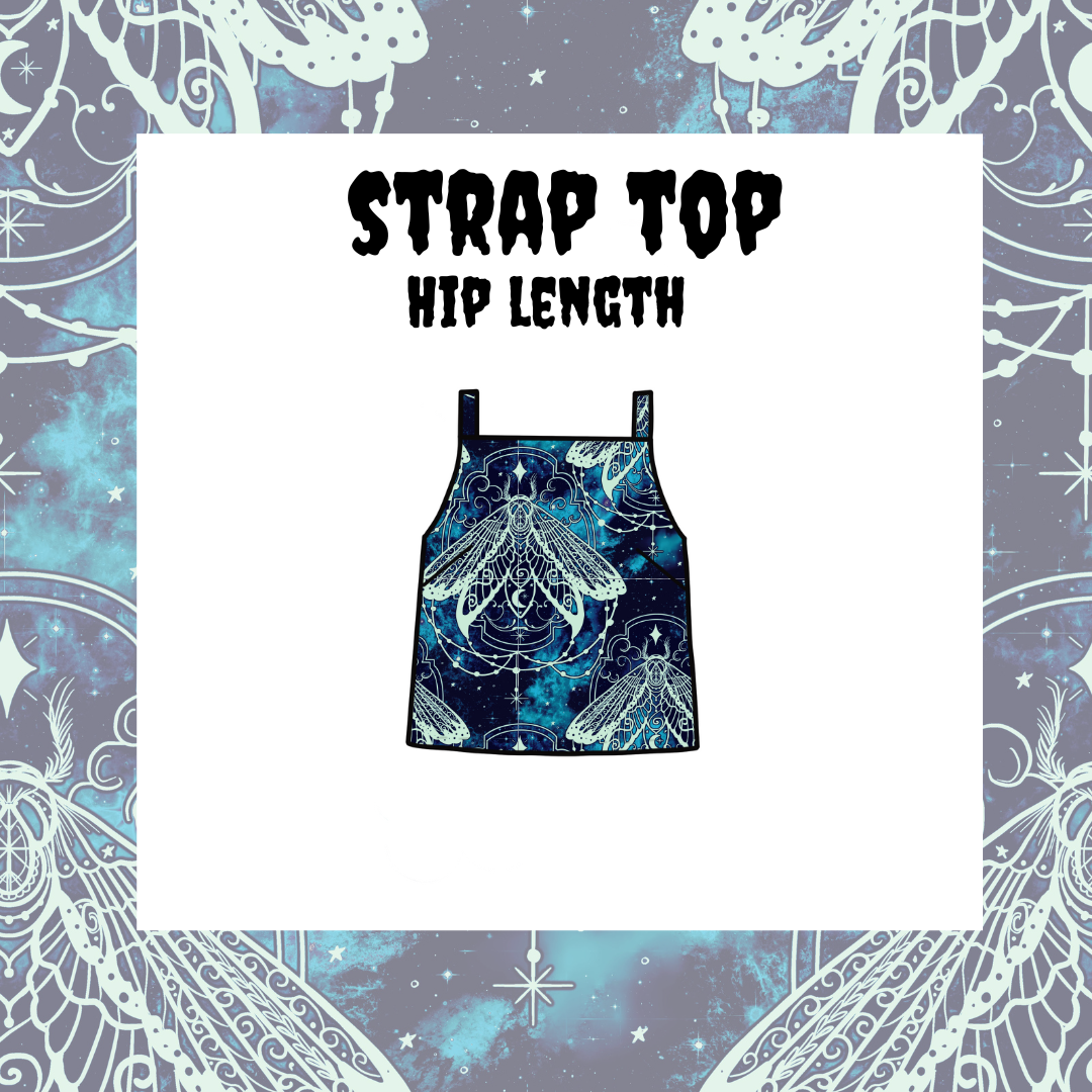 A black and white checkered strap top with a waist-length design, displayed against a background with star patterns.