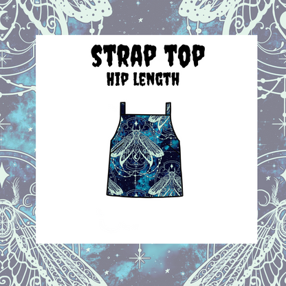A black and white checkered strap top with a waist-length design, displayed against a background with star patterns.