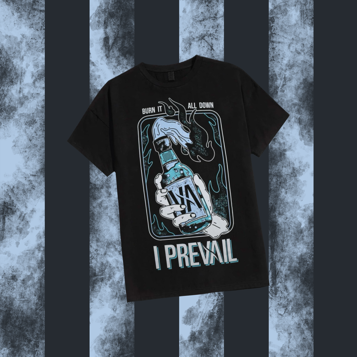 Black t-shirt with graphic design and text on a textured gray background