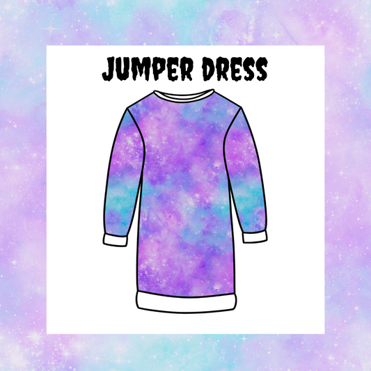 Illustration of a jumper dress with long sleeves, waistband, and a round neckline, against a purple and blue gradient background.