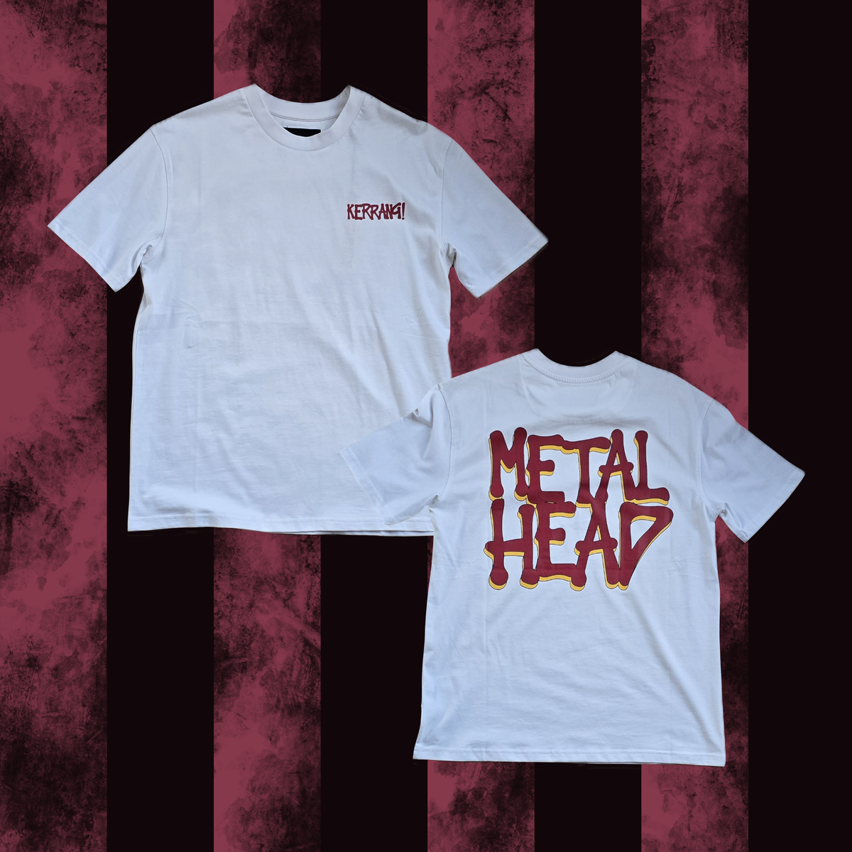 Two white t-shirts with a striped red and purple background. One t-shirt is shown from the front with the brand 'Kerrang' printed on it, and the other from the back showcasing the text 'METAL HEAD' in bold lettering.