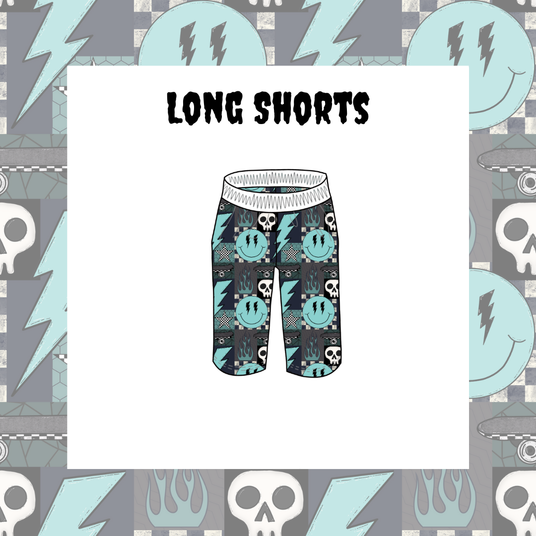 Long shorts with skull and lightning bolt pattern on a decorative background