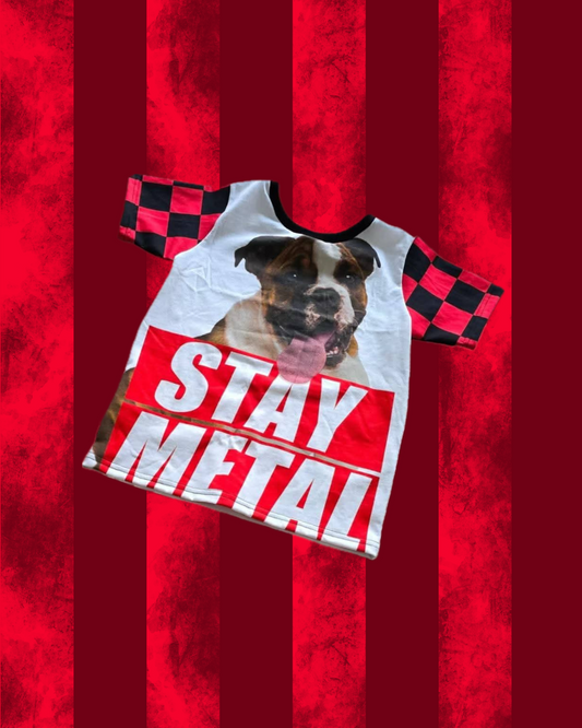 Miss May I T-shirt with a dog graphic and 'Stay Metal' text on a red background
