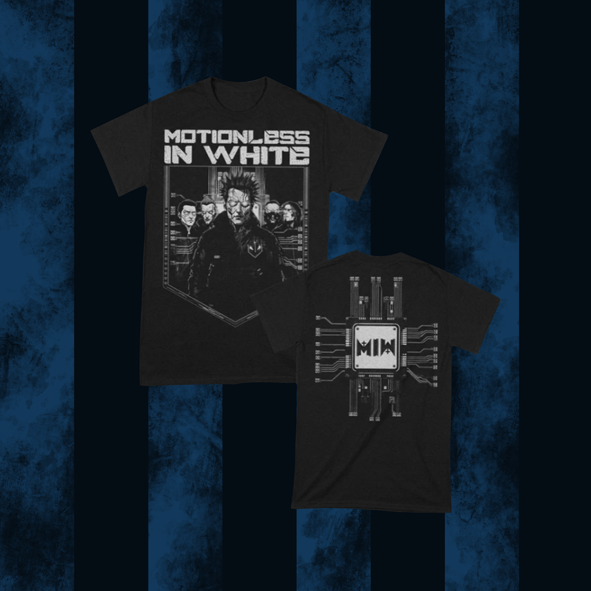 Black t-shirt with 'Motionless in White' graphic design on a blue and black textured background