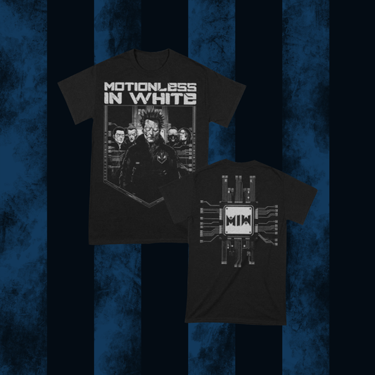 Black t-shirt with 'Motionless in White' graphic design on a blue and black textured background