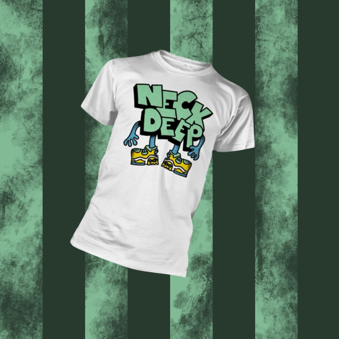 White crew neck t-shirt with text 'NECK DEEP' printed in green, displayed against a green striped background.
