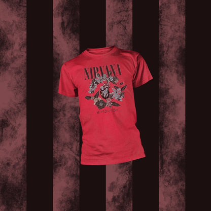 A red Nirvana band t-shirt with a graphic print on the front.