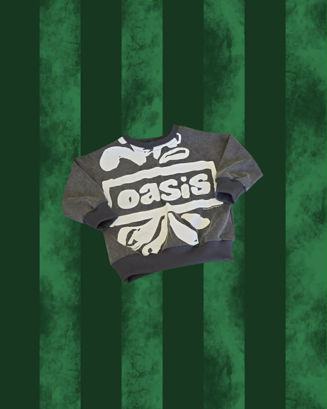 A dark gray crewneck sweatshirt featuring a large cream-colored graphic print of the band Oasis on the front, displayed against a green and dark green vertically striped textured background.