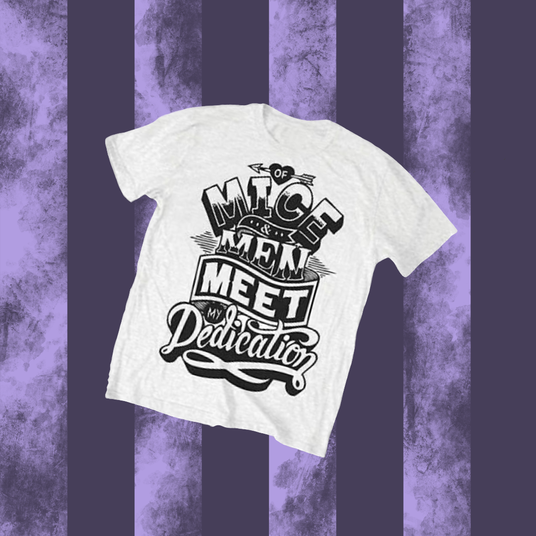 White crew neck t-shirt with text design 'Of Mice & Men' printed on the front.