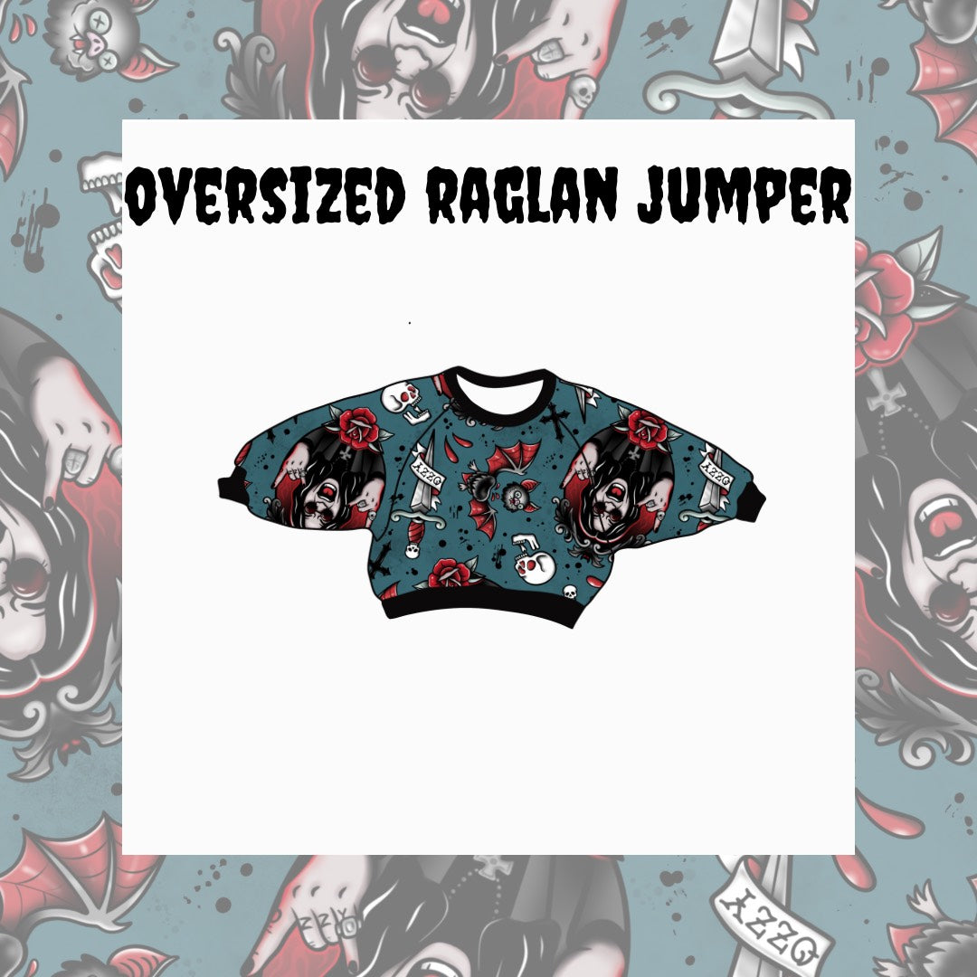 Oversized raglan jumper with tattoo-style design on a patterned background
