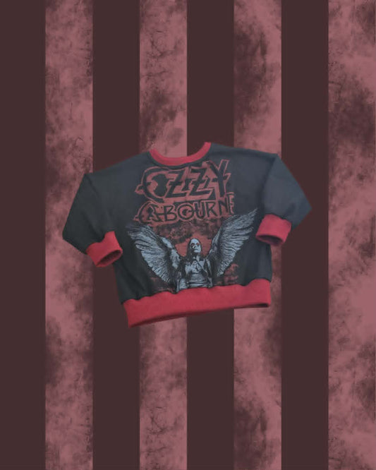 A dark gray ringer sweatshirt with red trim and a graphic print of the band 'OZZY OSBOURNE' and an angel design, displayed against a dark red and brown striped textured background.