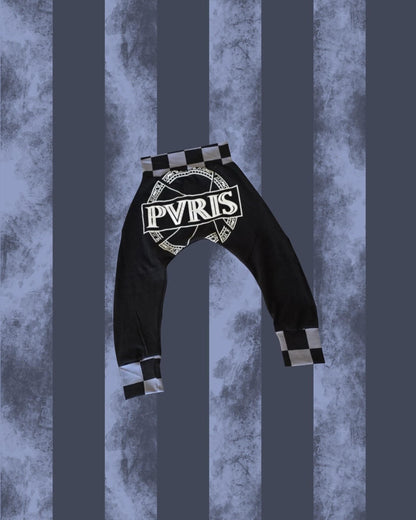Black PVRIS harems with a logo on a textured blue background