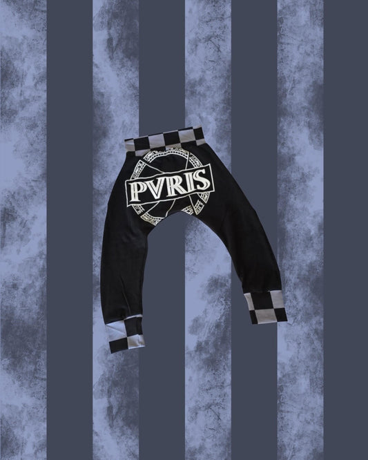 Black PVRIS harems with a logo on a textured blue background